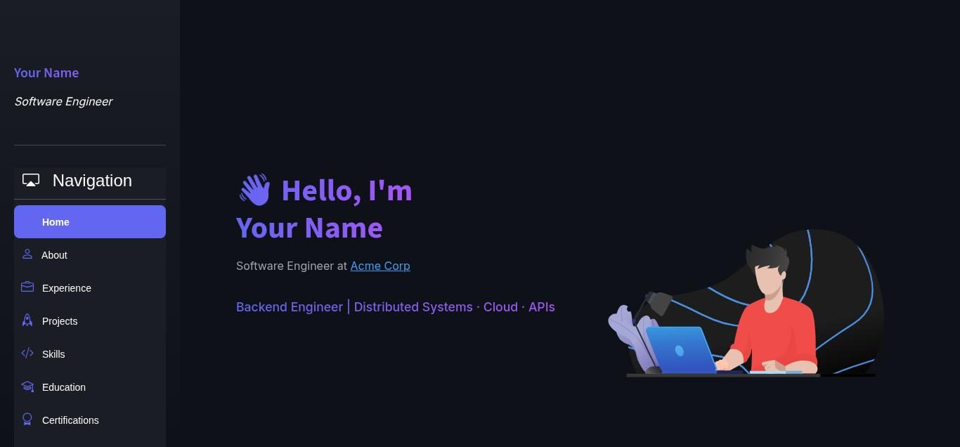 Home screen of the template